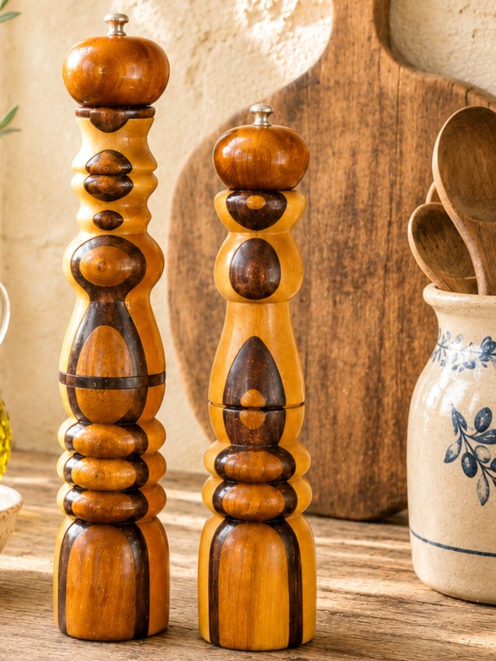 Rare Vintage Signed Sculptural Handcrafted Artisan Wood Salt & Pepper Mill Set
